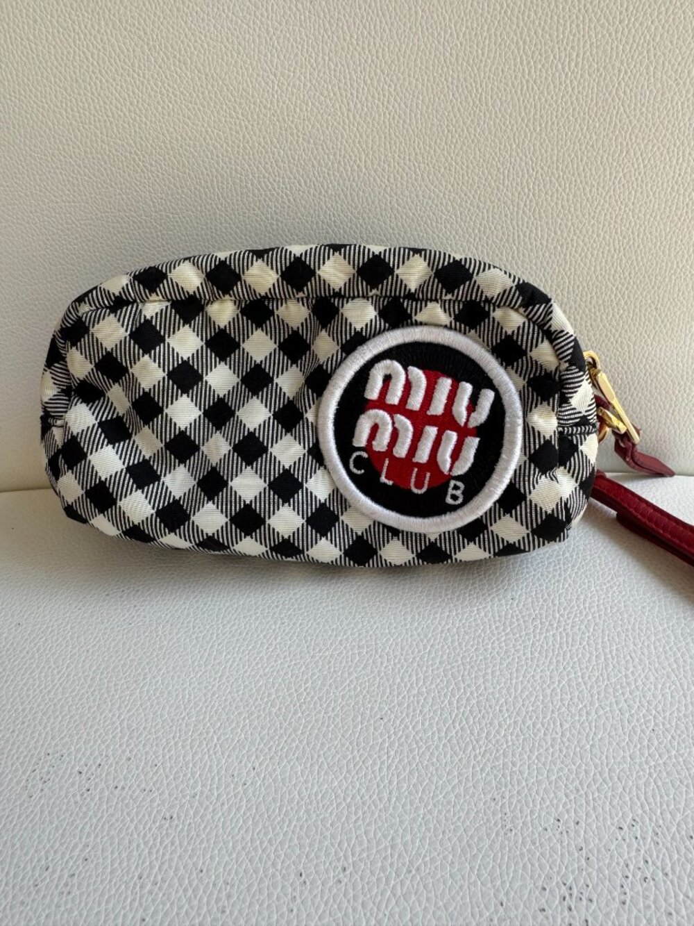 RARE Miu Miu Club Gingham Pouch Wristlet Black White Red Italy